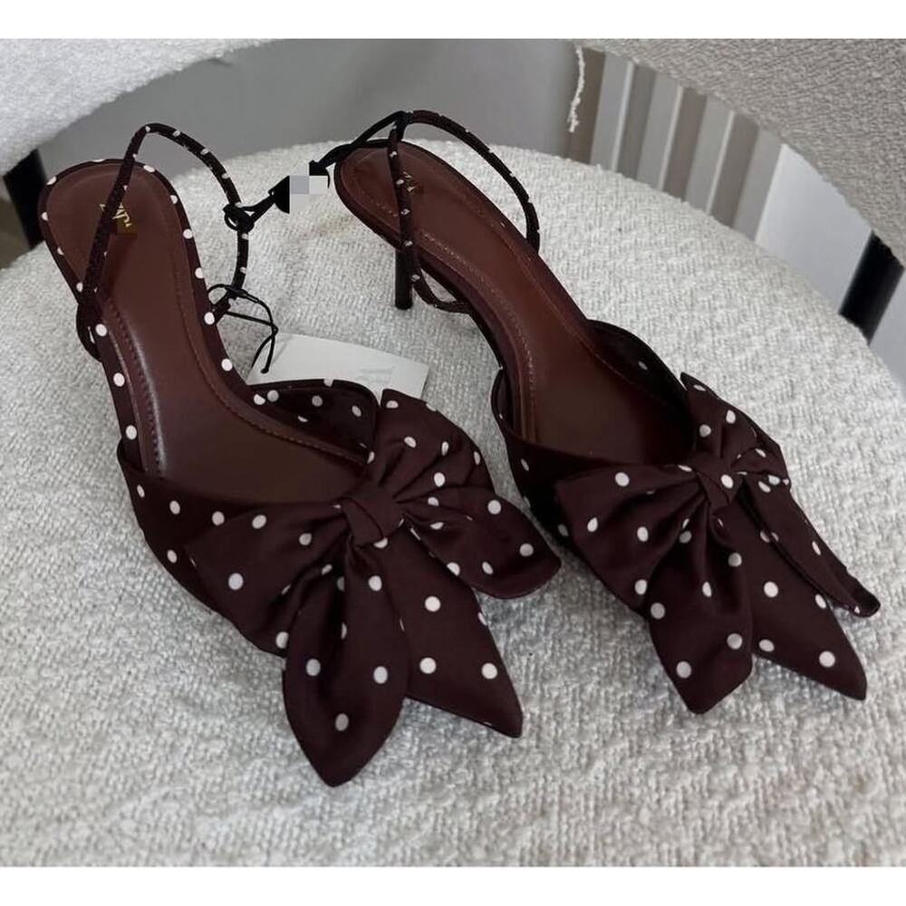 ZARA Polka Dot Bow Slingback Heels NWT Brown Pointed Toe Kitten Heel 6.5 - Picture 7 of 15